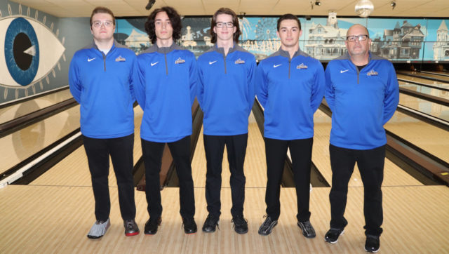 The 2021-22 MCC men's bowling team. Left to right: Ethan May, Logan Pollack, Cade Alderink, Shawn Murphy and Head Coach Bill Bowen. Not pictured: Lee Farber