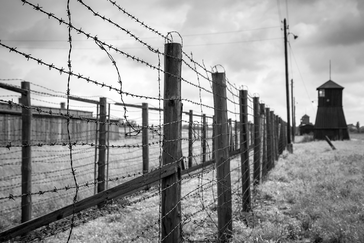 an image of a Nazi concentration camp barbed wire fence and guard tower