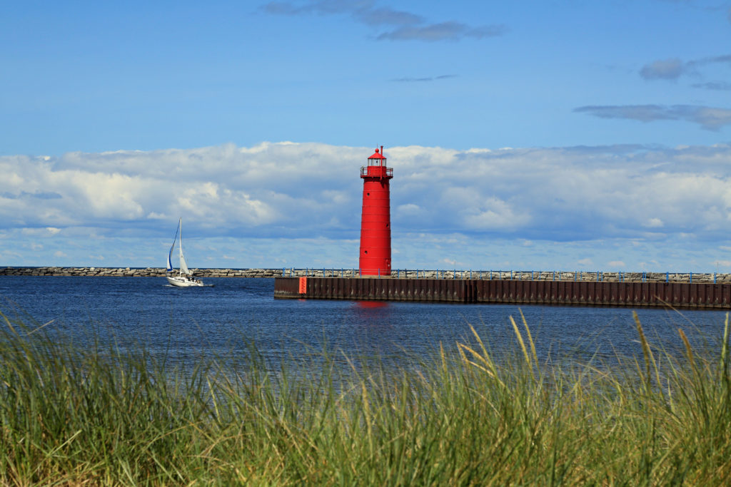 Red lighthouse in Muskegon, Michigan, USA