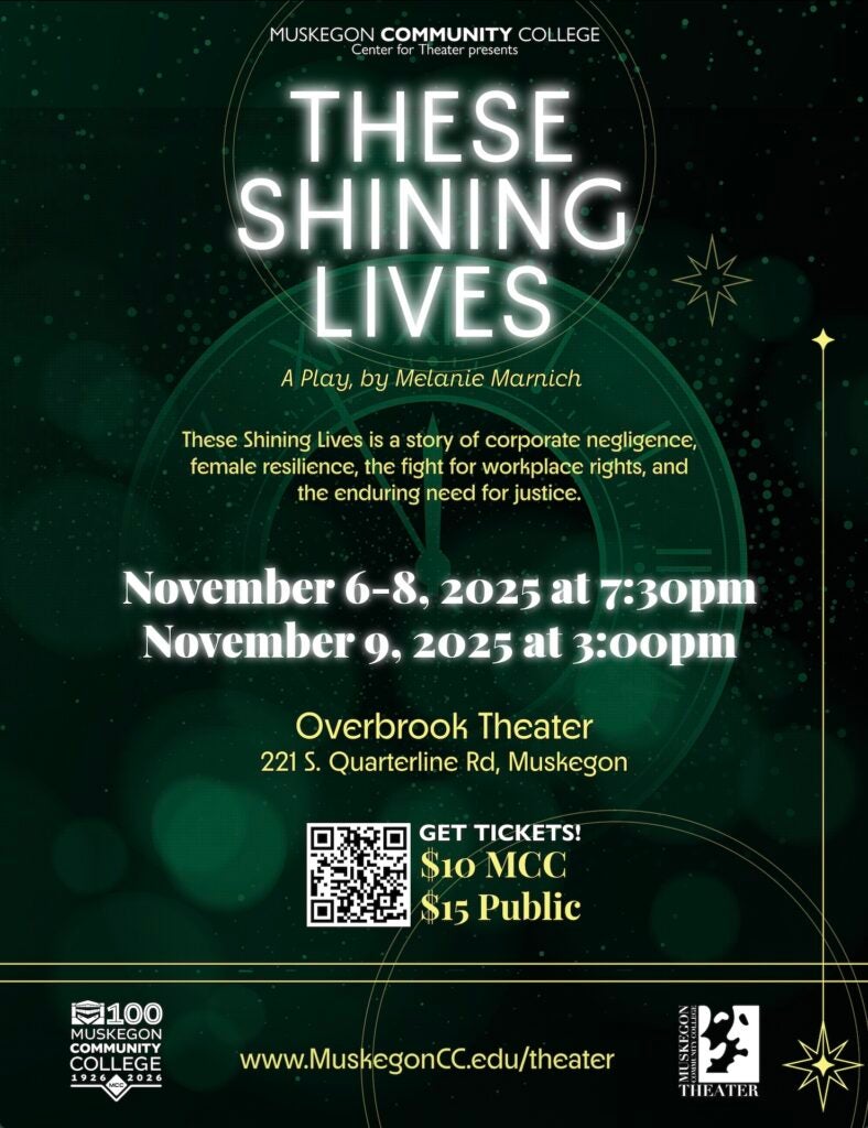 A green poster with a clock face and yellow stars promoting These Shining Lives, a play by Melanie Marnich. November 6-8 at 7:30pm and November 9 at 3:00pm at the Overbrook Theater.