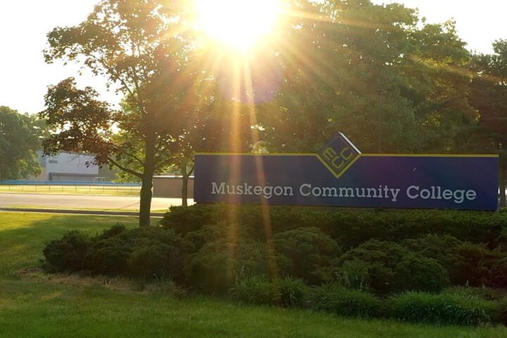 Muskegon Community College exterior sign cluster of trees