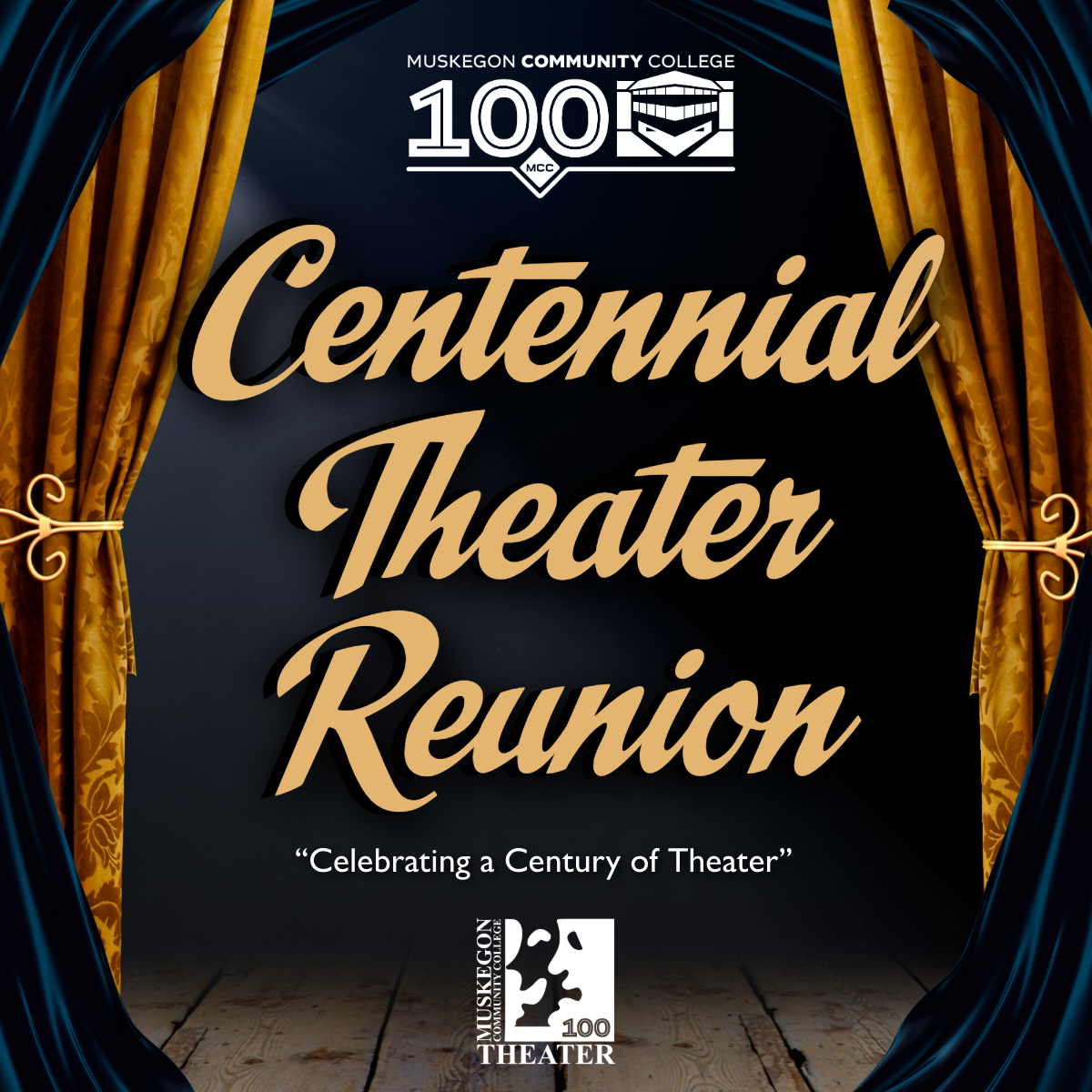 Centennial Theater Reunion with gold and blue curtains