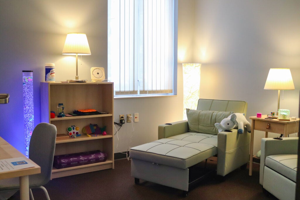 A room with a lounge chair, three soft lamps, a stuffed elephant doll and a bookshelf with gadgets make up the Jayhawk Nest, a room for people to relax in.