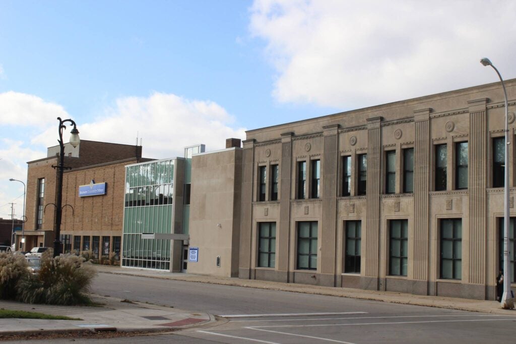 MCC's Sturrus Technology Center buildings in Downtown Muskegon in the Afternoon on a partly sunny day.