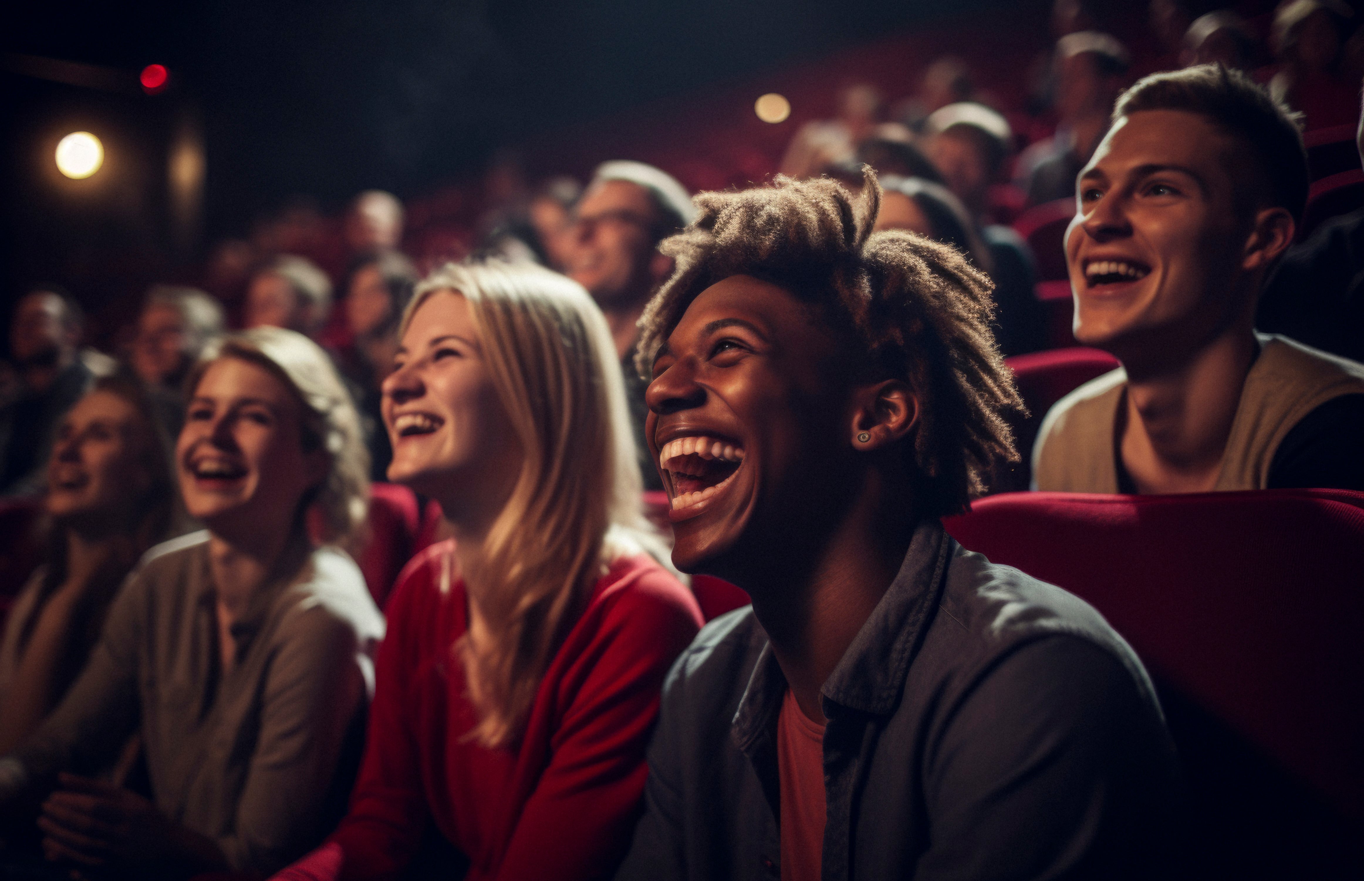 Students laughing in the audience at a stand up comic.