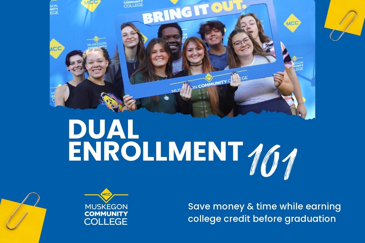 Dual Enrollment poster featuring students holding up a large fake license plate frame around their smiling faces.