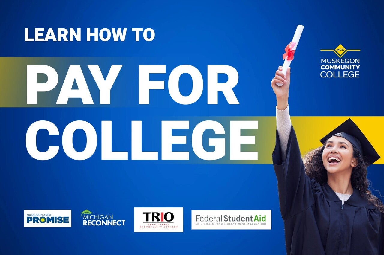 Pay for College poster featuring a graduate holding up their degree over the head in celebration.