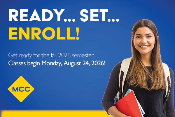 Ready Set Enroll Poster with female student holding red book binder