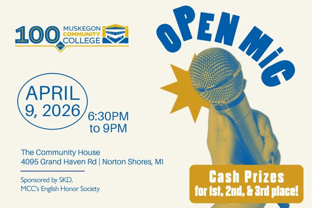 Open mic poster featuring drawing of hand holding a microphone and a spark coming out of it.
