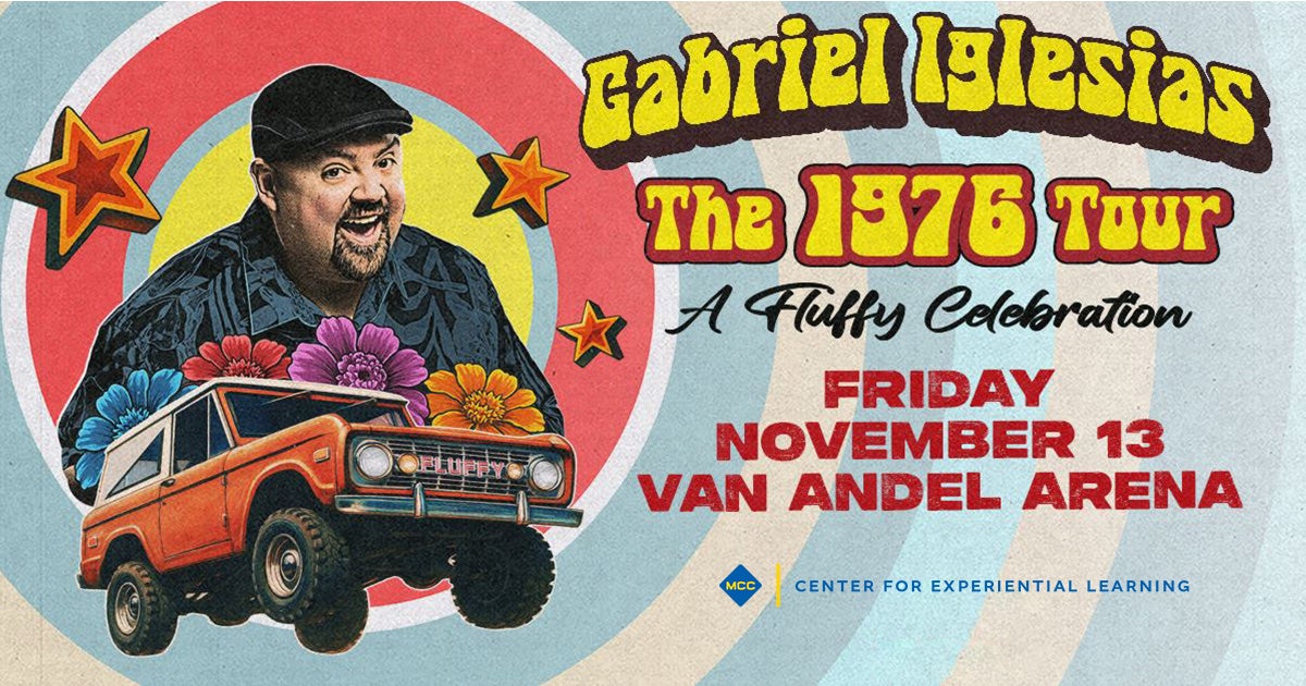 Gabriel Iglesias in upper left cover with a red circle around him and a organge truck underneath. The text says his name and 