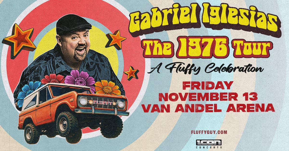 Gabriel Iglesias in upper left cover with a red circle around him and a organge truck underneath. The text says his name and 