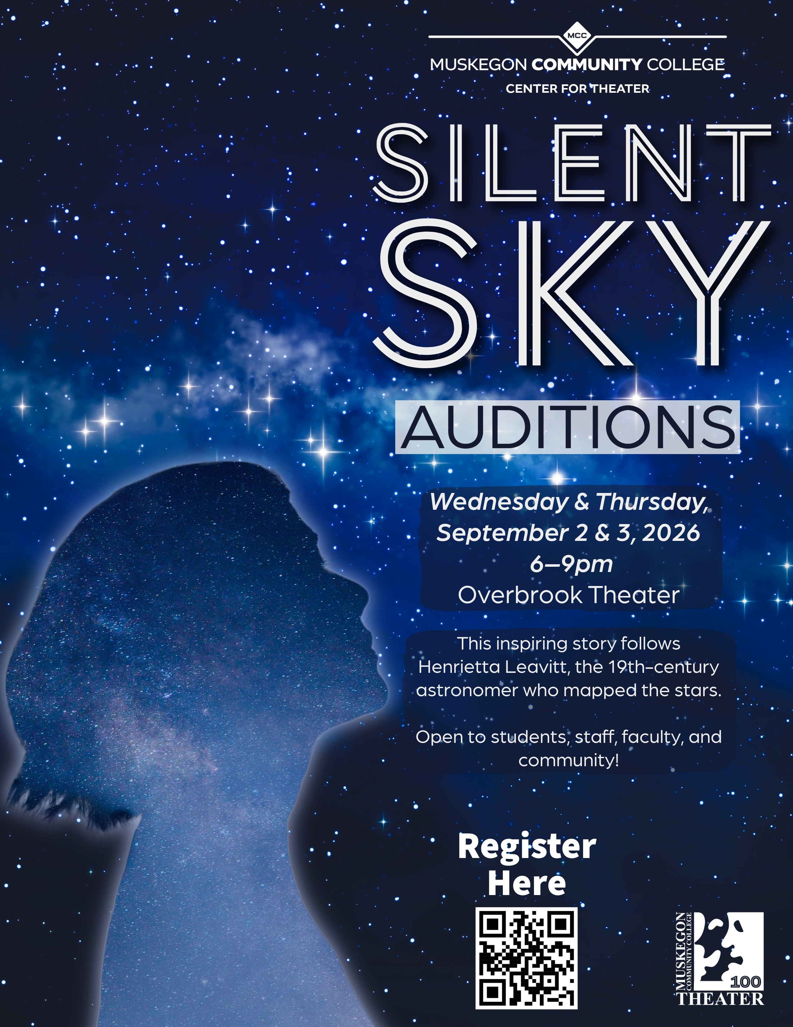 Audition notice flyer with a silhouette of a woman looking at a galaxy of stars. The Silent Sky title and audition information below.