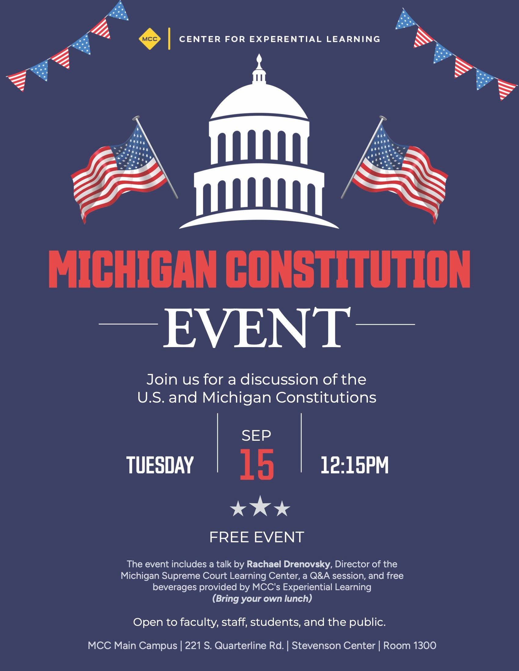 A poster for the Michigan Constitution Event with a capital building sillouhette and two american flags on either side.
