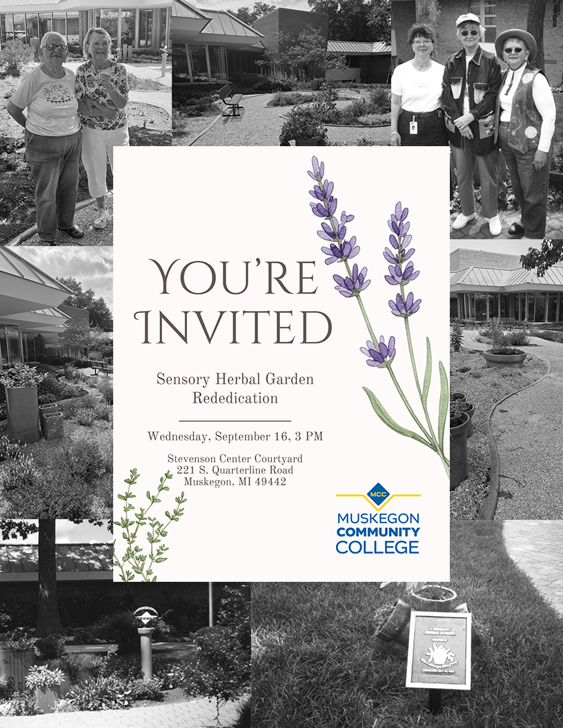 Sensory Garden Invitation showing the garden and women standing in front of it.